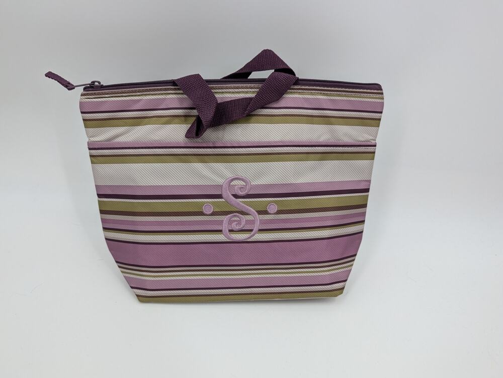 Thirty-One Insulated Zippered Lunch Tote Plum Stripe Monogramed "S" Work Career